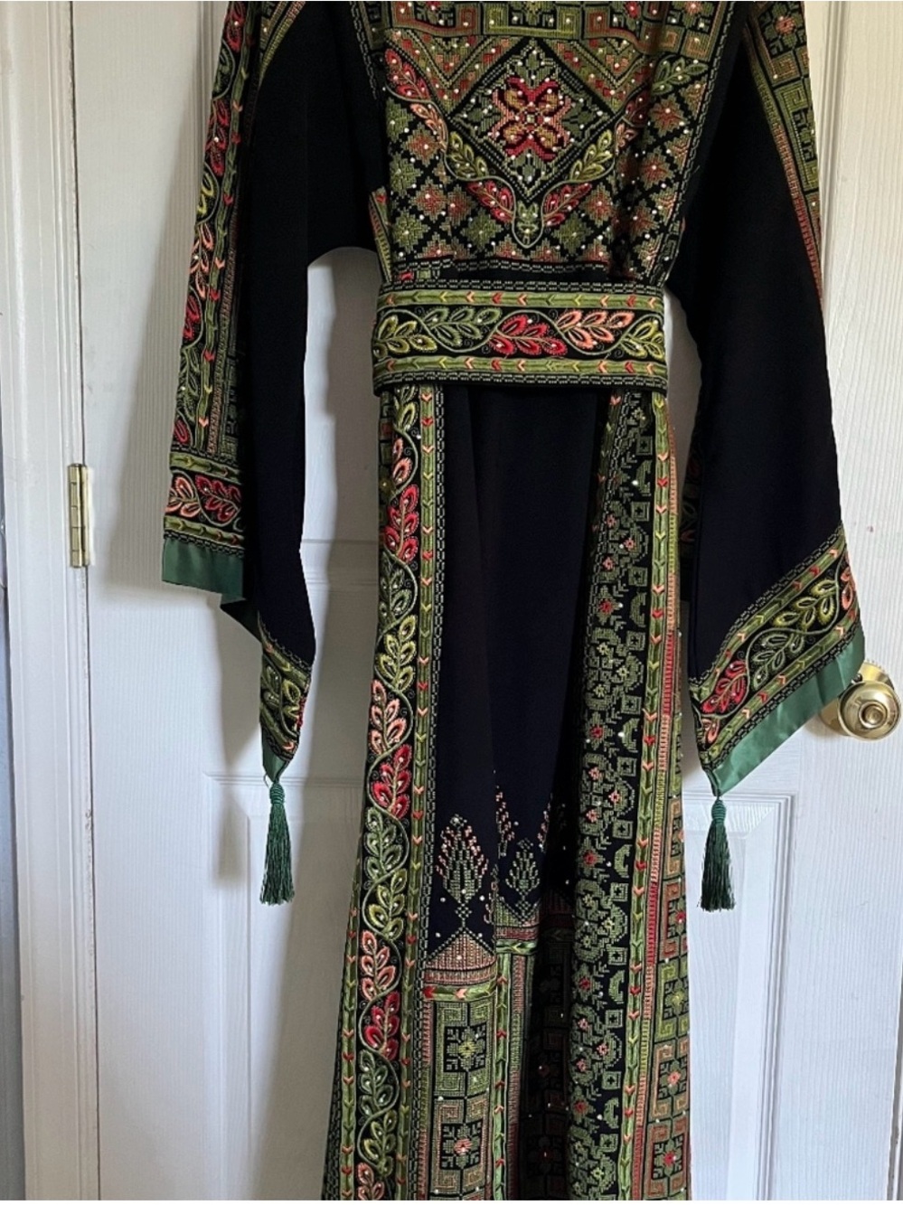 Embroidered Black Thobe with Green & Red Accents